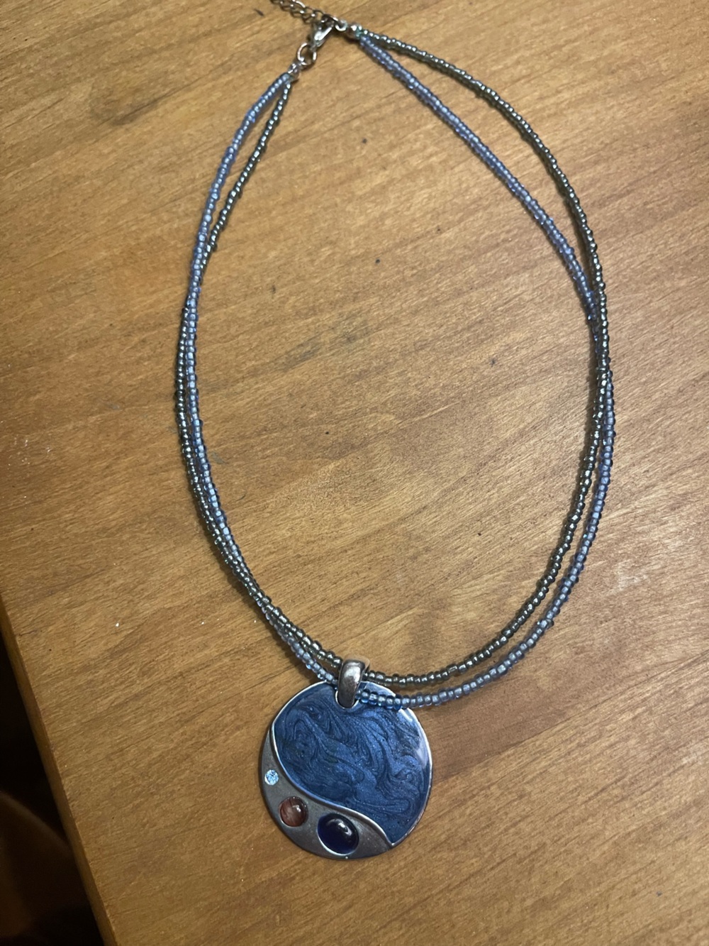 Source Unknown Blue and Silver Triple-Strand Seed Bead Necklace